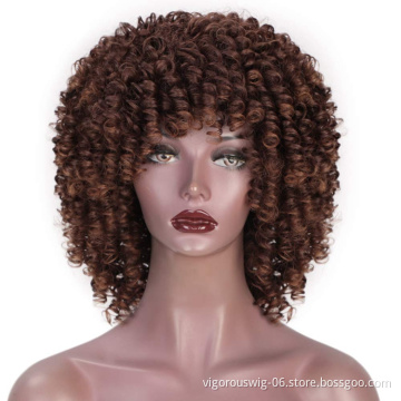 Vigorous Wholesale Short Kinky Curly Fluffy Brown Machine Made Heat Resistant Fiber Cosplay For Black Women Synthetic Hair Wigs